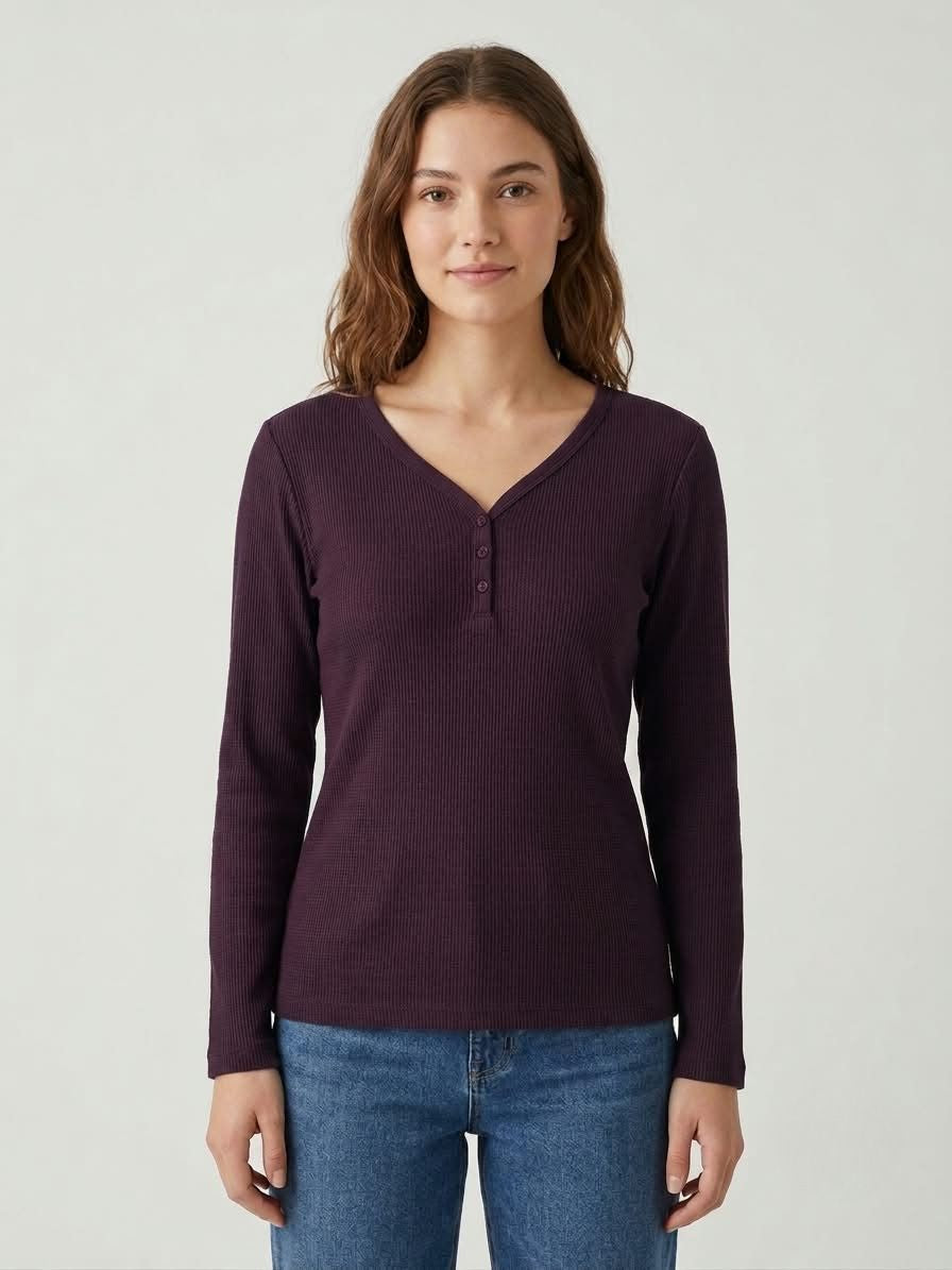 Camiseta mujer henley Poli-Algodón manga larga
