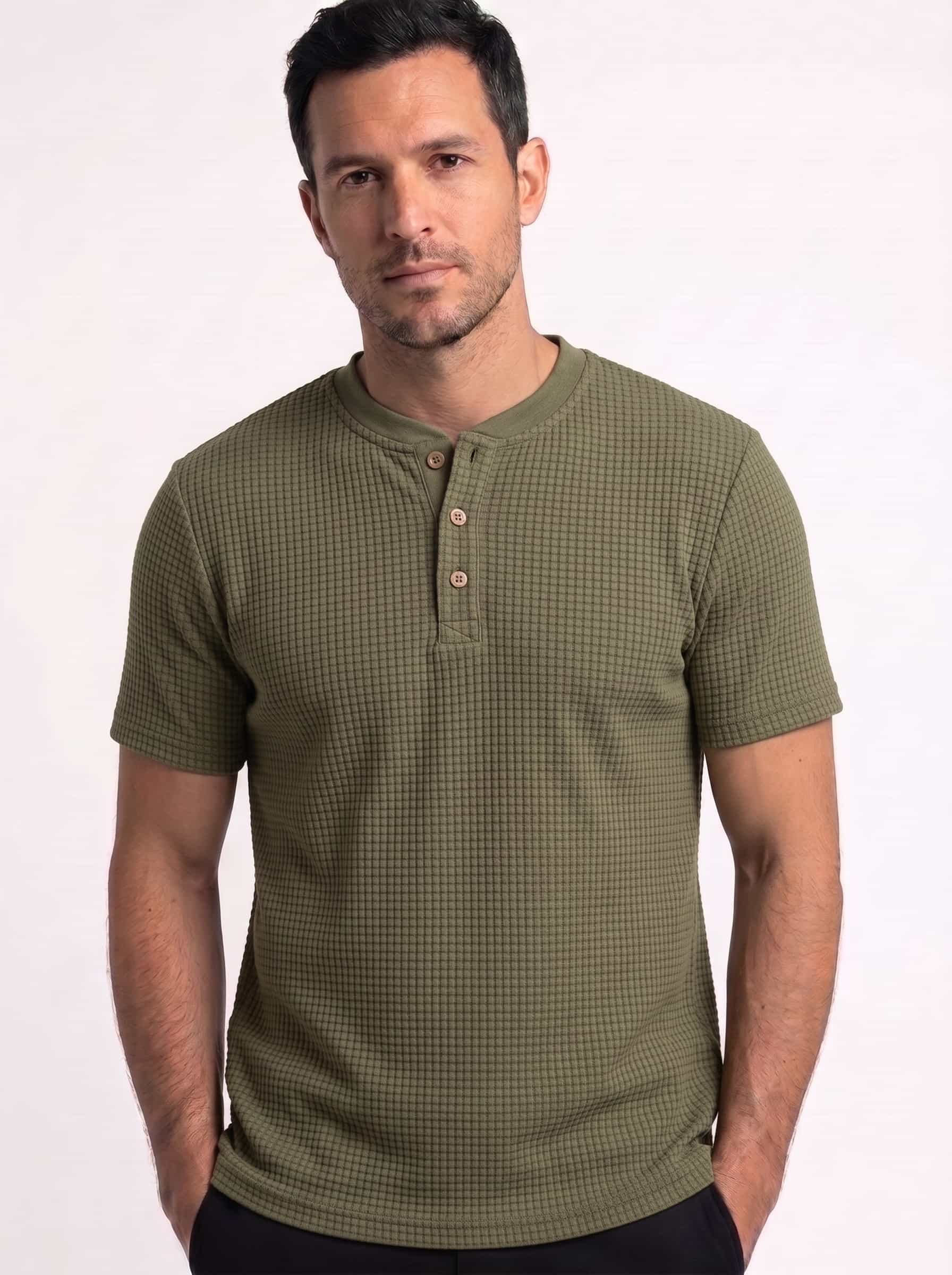 camiseta hombre Henley algodon manga corta