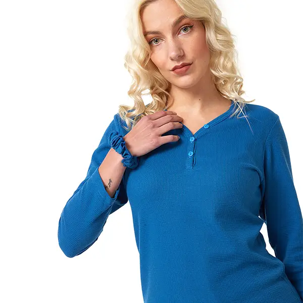 🔴 ¡SALE! - Camiseta Mujer Henley Manga Larga -Azul Clásico